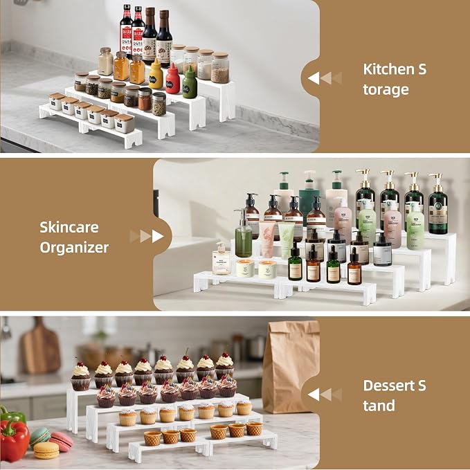 Large 2 Set wood tone Wooden Tiered Display Stands 4 Tier Stackable Pine Wood Display Risers, Suitable for Vendor Events, Cupcake Stands, cake stand Wooden Dessert Table Sets, Vendor Booth Displays,Cosmetic & Perfume Display Tools, Kitchen Spice Storag...