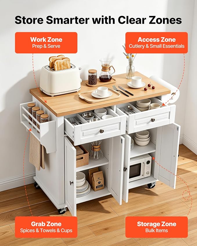 VEVOR Kitchen Island Cart with Storage, 43.7 in Wide Mobile Rolling Storage Island on Swivel Wheels, with 2 Drawers, Storage Cabinet, Spice/Towel Rack, Hooks, Table for Home Dining Room, White