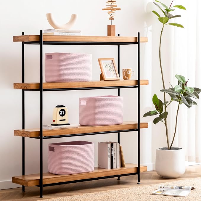 4 Pack Storage Baskets for Organizing, Shelf Baskets with Handles, Pink | 14.5"L x 9.8"W x 9"H, Woven Basket, Cotton Rope Basket, Toy Storage, Cube Shelf, Gift Baskets Empty, Home Decor