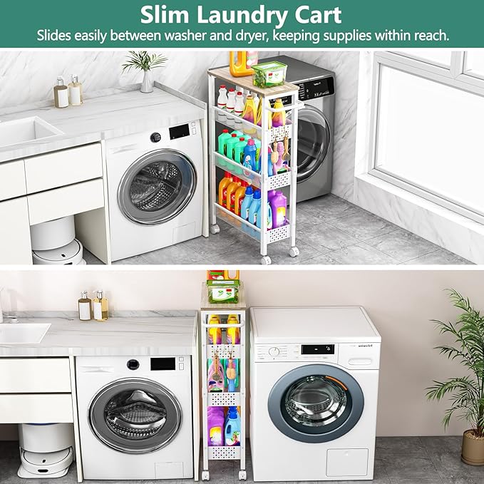 Vivihomety Utility Slim Storage Cart, 4 Tier Small Rolling Kitchen Laundry Room Cart with Wood Top, Metal Bathroom Storage Cabinet Mobile Shelf Unit Organizer Trolley with Handle for Narrow Space