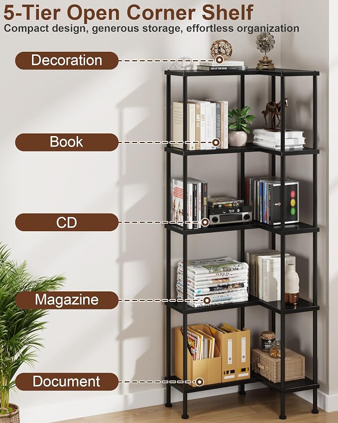 HIGDBFE 5-Tier L-Shaped Corner Bookshelf, 60" Tall Modern Corner Shelf | L-Shape Corner Fits Living Room, Bedroom, or Home Office Corners, 5 Open Shelves, Display Rack for Books, Plants, and More