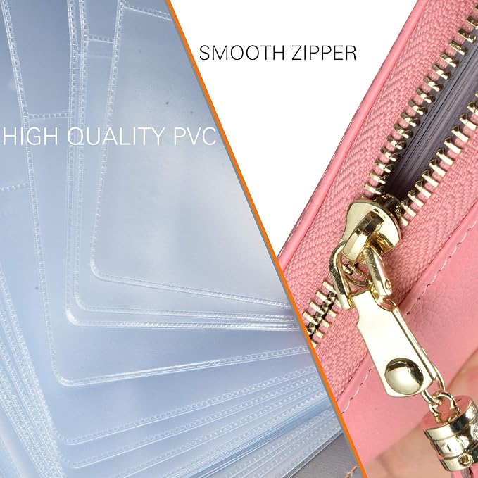 Easyoulife Womens Credit Card Holder Wallet Zip Leather Card Case RFID Blocking (Pink)