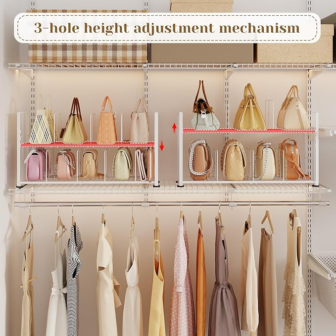 koozuuyk Purse Organizer for Closet-2 Tier Handbag Wire Organizer Rack with 6 Adjustable Shelf Dividers,Handbag Storage Holder for Purses,Totes,Clutches&Chain Bags