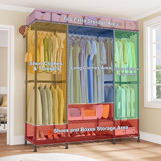 Ulif E3 Heavy Duty Garment Rack, 4 Tiers Freestanding Closet Organizer System with 5 Shelves, Metal Closet Organizer and Storage System for Clothes, Max Load 850lbs, 58.4"W x 15.7"D x 77.3"H, Black