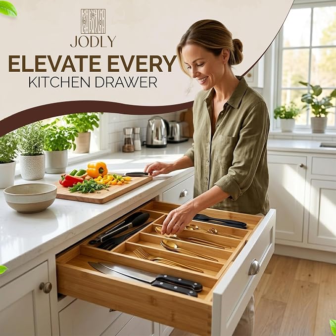Bamboo Kitchen Utensil Drawer Organizer for Silverware | 100% Natural Expandable 14-20 Inch Kitchen Drawer Organizers for Utensils | Non-Slip Base | Screwed Joints for Long-Lasting Durability
