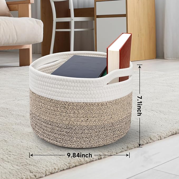 Small Rope Baskets for Storage, Baskets for Gifts Empty, Cute Round Woven Basket, Decorative Shelf Baskets 9.82×9.82×7.1", Cotton Toy Storage Bins for Organizer 3 Packs Mixed Brown