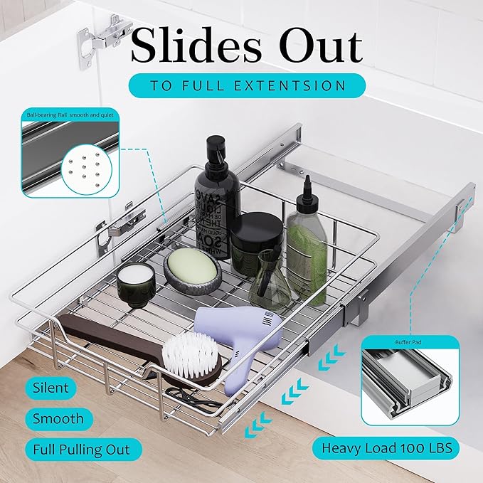 Pull Out Cabinet Organizer 20" W X 17" D, Slide Out Drawers For Kitchen Cabinets, Pull Out Drawers For Cabinets Capacity Heavy Duty Caddy, Cabinet Pull Out Shelves Chrome-Plated, Bathroom Pantry