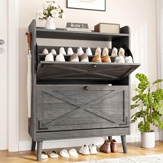 Shoe Storage Cabinet with 2 Flip Drawers & Adjustable Shelves, Freestanding Shoe Cabinet with Side Hooks Narrow Shoe Rack Cabinet for Entryway, Hallway, Rustic Grey