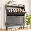 Shoe Storage Cabinet with 2 Flip Drawers & Adjustable Shelves, Freestanding Shoe Cabinet with Side Hooks Narrow Shoe Rack Cabinet for Entryway, Hallway, Rustic Grey