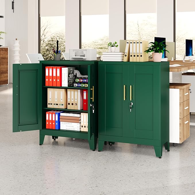 Green Metal Storage Cabinet, 36" Tall Locking Storage Cabinet with 2 Adjustable Shelves, Steel Locker Organizer, for Office, Home, School, 11.81" D x 23.62" W x 35.83" H, 2PS