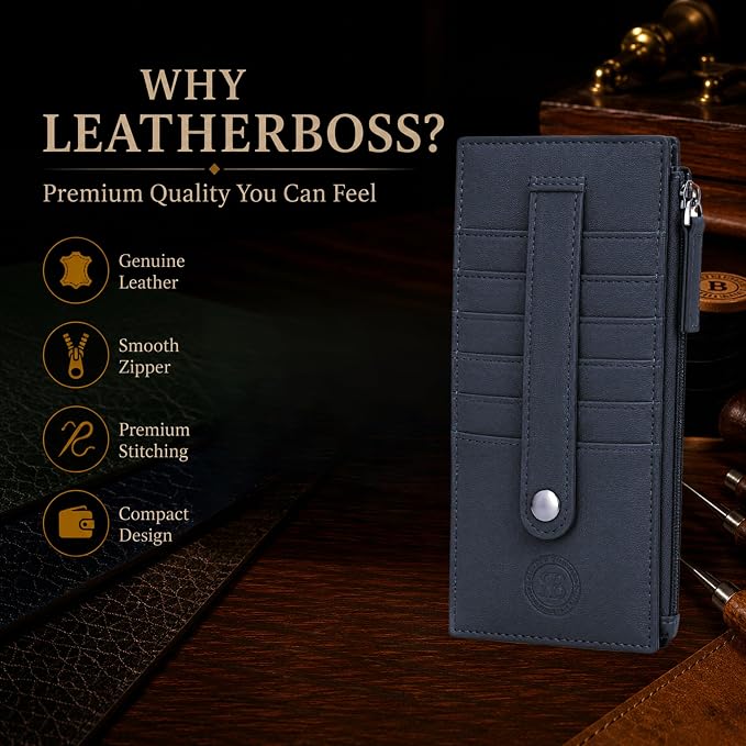Leatherboss Leather All in One Card Case Holder Slim Wallet With Card Protection Strap, Blue
