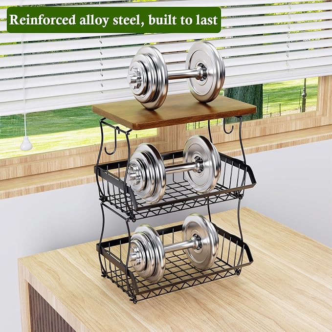 OKZEST 3-Tier Fruit Basket Fits Between Countertop & Upper Cabinet, 16.8" H | Includes wood top & banana hangers, Stackable kitchen countertop organizer, Holds potato, onion, bread, snack, fruit, veggie