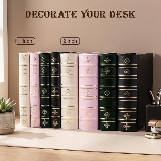 Ospelelf Leather 3 Ring Binder 2 Inch, Vintage D Ring Binder with Pockets and 5 Tab Dividers, Hardback Book Style Document Organizer Fits Letter Size for Home and Office White