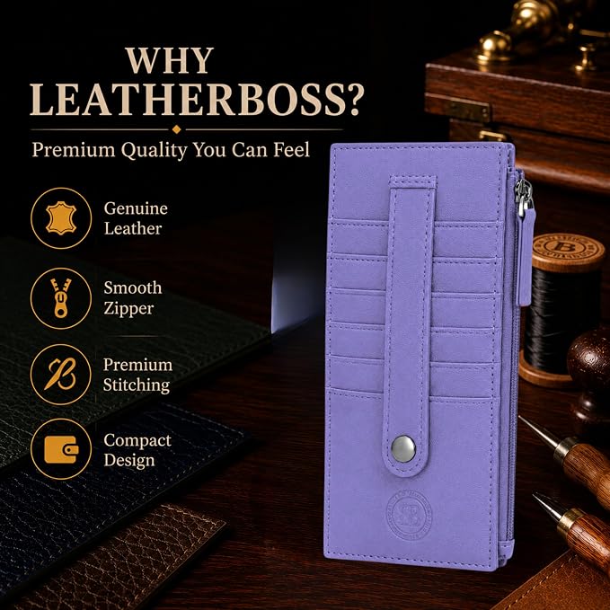 Leatherboss Genuine Leather Women's All in One Credit Business Card Case Holder Slim Zipper Wallet With a Card Protection Strap, Purple