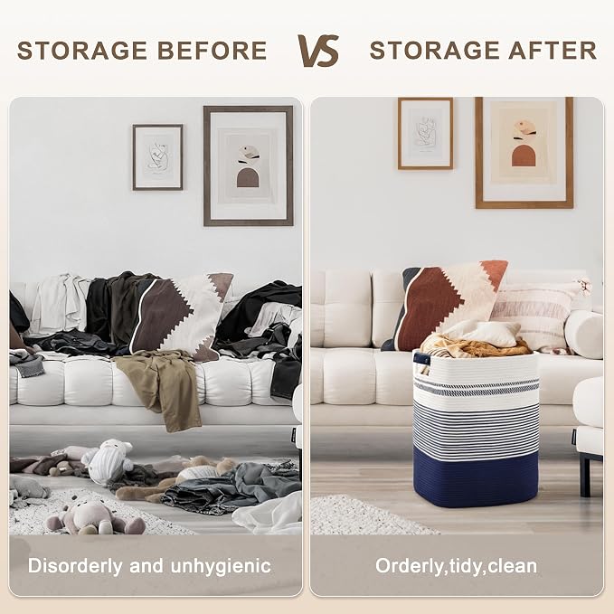 85L Tall Woven Laundry Basket Hamper with Leather Handles,Navy | 17"x14"x22", collapsible wicker hamper, storage for dirty clothes, toys, blankets, gifts, living room, bedroom, bathroom