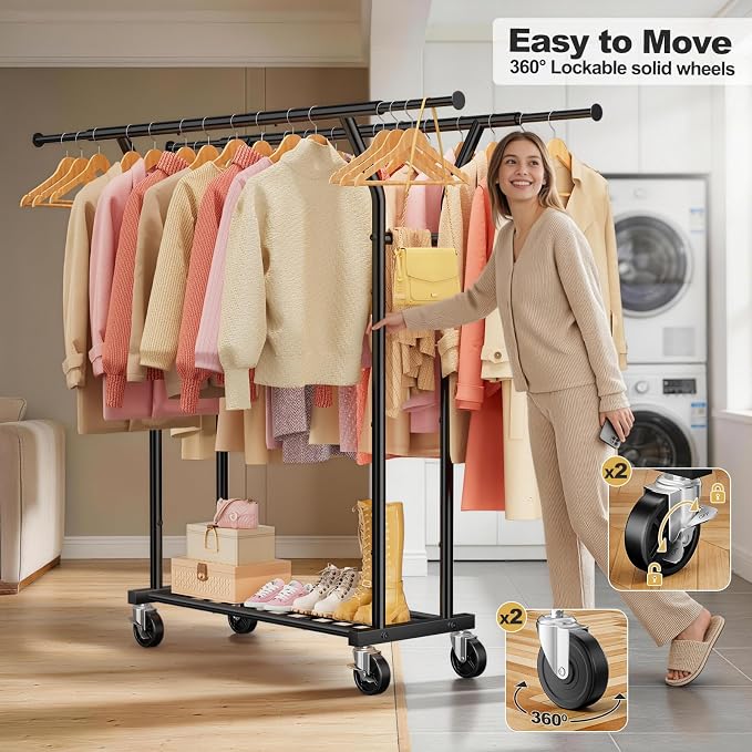 Heavy Duty Rolling Garment Rack, Double Rod Clothing Organizer, Black | Supports up to 500 lbs, extendable double hanging rod, lockable wheels, storage shelves for bedroom, laundry, and living room