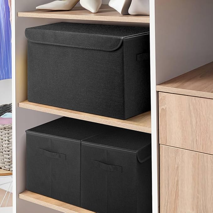 Bagnizer Large 42 Quarts Fabric Storage Bins with Lids [2-Pack] Linen Collapsible Foldable Storage Cubes, Closet Organizer Containers boxes with Handles for Home Office (16.7 x 12 x 12, Black)