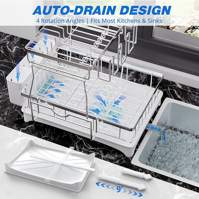 Godboat Dish Drying Rack, 2-Tier Dish Rack with Auto-Drain & Mat, 304 Stainless Steel Dish Racks for Kitchen Counter, Dish Drainer with Knife, Fork & Cup Rack, Gifts for Women, Mothers Day, Silver
