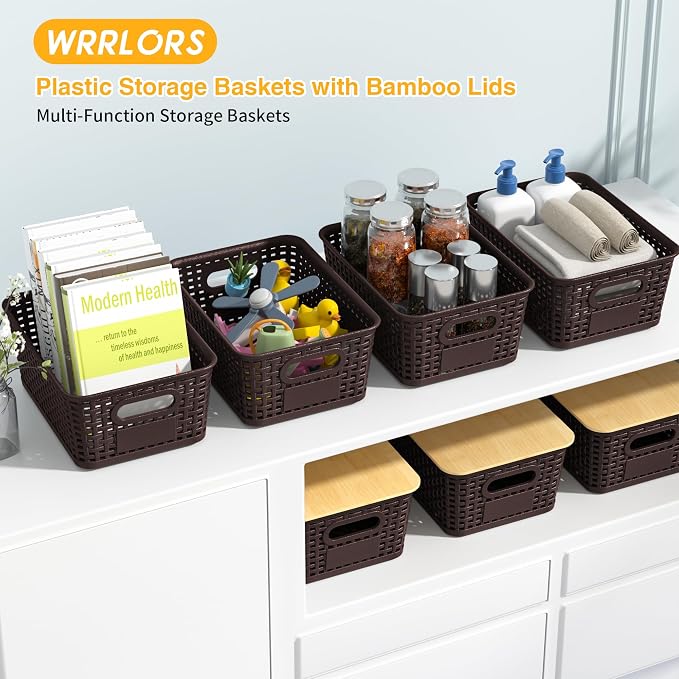 Plastic Storage Baskets with Bamboo Lids and Labels, Stackable Storage Containers, Storage Bins for Organizing Shelves Drawers Desktop Closets Office, 6 Packs-Brown