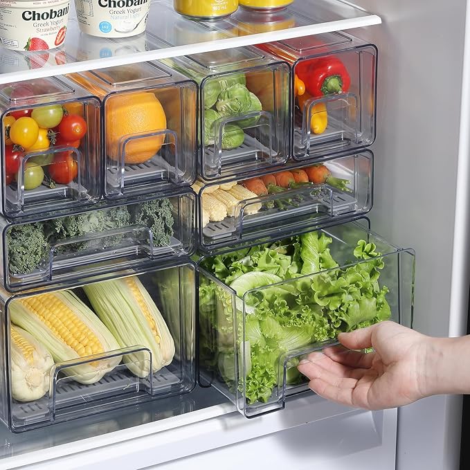 Pull Out Clear Fridge Organizer Drawers with Drainer, Refrigerator Stackable Storage Bins for Kitchen Fruit & Veggie Organization (Complete Set)