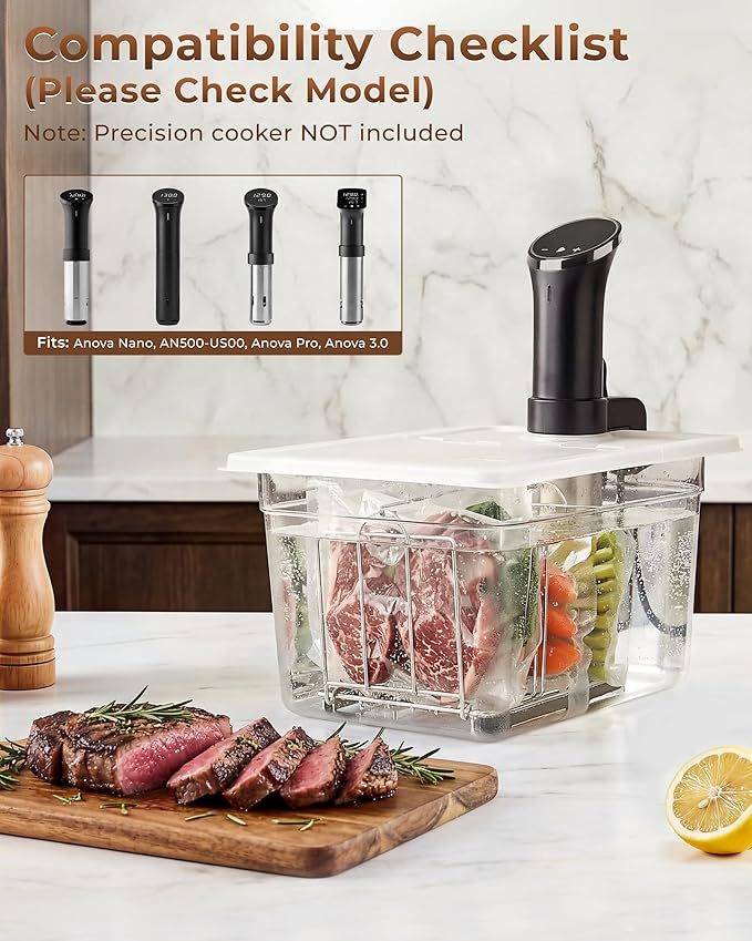 EVERIE 12 Quart Sous Vide Container with Collapsible Hinged Lid + Wobble-Free Stainless Steel Rack Divider + Insulating Neoprene Sleeve — NSF Approved Container, BPA-Free Lid, Fits Anova & Instant Pot