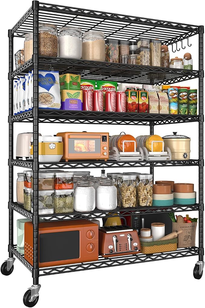 6-Tier Rolling Storage Shelves 36" W x 18" D x 78" H, Adjustable Wire Rack with Wheels & Hooks, 1500LBS Capacity, Splittable Design for Garage, Kitchen, Pantry, Aquarium Stand