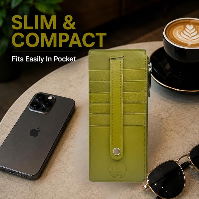 Leatherboss Genuine Leather Women's All in One Credit Business Card Case Holder Slim Zipper Wallet With a Card Protection Strap, Army Green