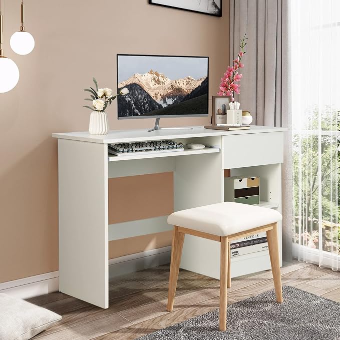 Tangkula White Desk with Drawer, Wooden Computer Desk with Pull-Out Keyboard Tray & Adjustable Storage Shelves, Modern Laptop PC Desk with CPU Stand, Writing Study Desk for Bedroom (White)