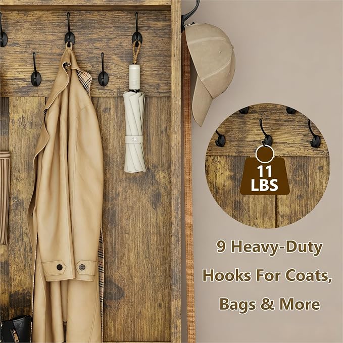 Einhomn 5-in-1 Hall Tree with Bench and Shoe Storage, 51" W Entryway Organizer Coat Rack with 9 Hooks, 4 Storage Cabinets, Drawer, Open Cubbies for Mudroom, Hallway, Living Room, Rustic Brown