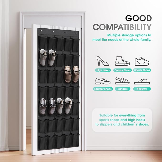 WVM Over the Door Shoe Organizer with 35 Breathable Mesh Pockets, Hanging Shoe Organizer for Door with 4 Metal Hooks, Large Capacity Closet Storage for Shoes, Accessories