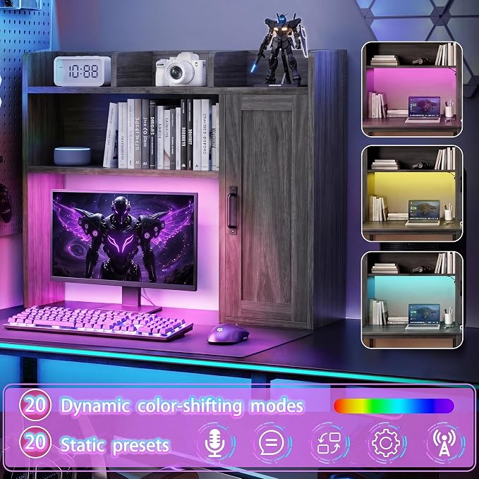 Dorm Desk Hutch, Desktop Shelf with 6 Shelves and Power Outlets 37.4" Desk Hutch with Drawers & RGB LED Light Over Desk Organizer Desktop Storage Shelf for Dorm Office Home Computer Desk-Grey
