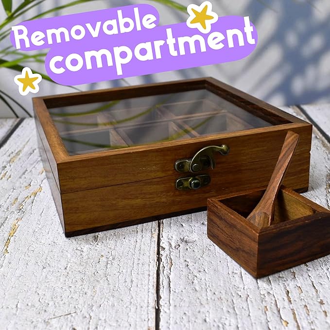 Wooden Spice Box with Glass Lid - Decorative Masala Dabba Organizer with Spoon, 9 Removable Compartments Spice Storage Container Ideal for Seasonings & Herbs Perfect for Gift (9x9 Inch)