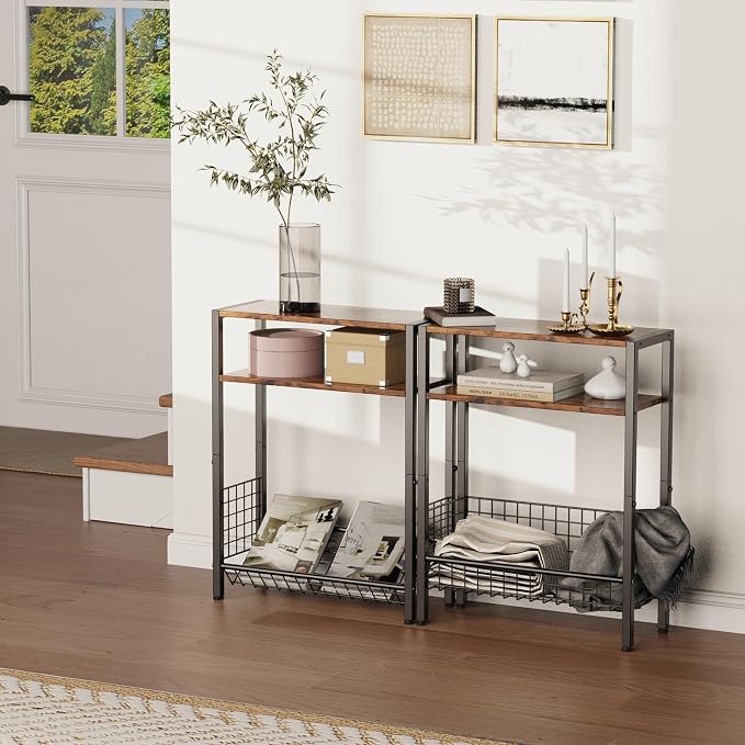 DIY Narrow Side Table, 3 Tier End Table with Various Storage Basket, Slim Sofa Side Table for Small Spaces, Skinny Nightstand, for Living Room, Bedroom, Rustic Brown