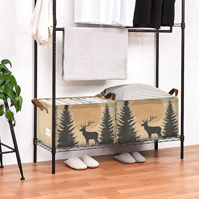 Rustic Sunset Forest Deer Vintage Storage Basket Foldable Cube Storage Bins with Handles&Label Collapsible Organizer Box Bin Large Rectangle Decorative Baskets for Shelves Home Living Room Closet-2 PC
