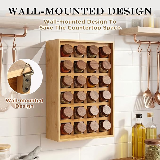Novabright 24 Grids Bamboo Spice Rack Organizer, Wooden Spice Rack Wall Mount with Square Compartments, Wood Hanging Shelf for 4 oz Glass Jar Drawer Cabinet Kitchen Countertop Wall, Jars Not Included
