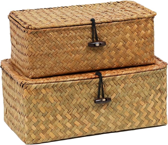 Set of 2 Wicker Basket with Lid, Seagrass Woven Basket for Storage, Decorative Storage Baskets Bins for Organizing Home