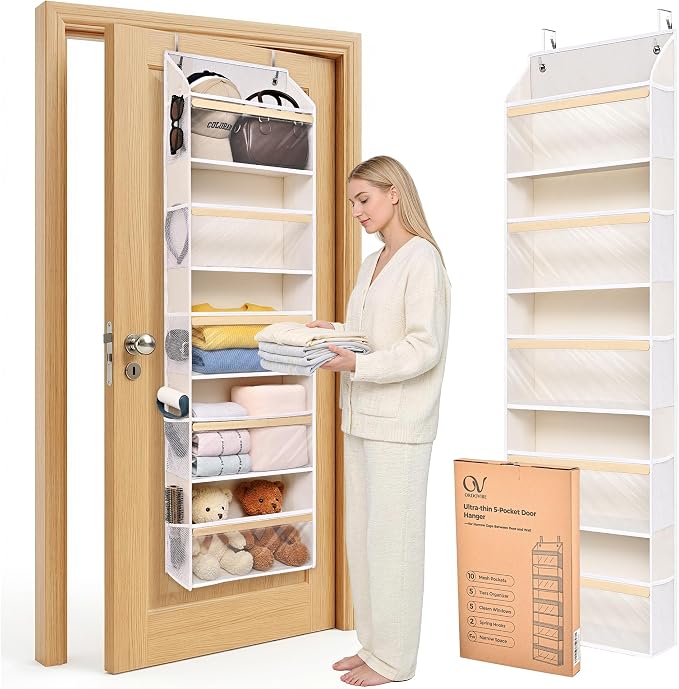 5 Tiers Natural Bamboo Over Door Organizer with 10 Mesh Side Pockets, 50 lbs Weight Capacity Hanging Storage Organizer with Clear Window Kids Toys, Shoes, Diapers, Warm Beige