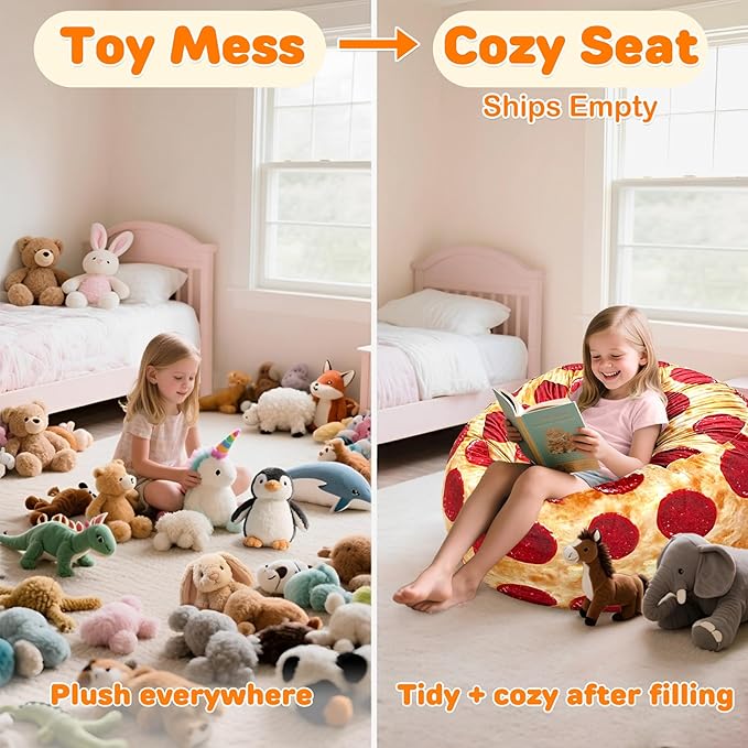 Lukeight Pizza Stuffed Animals Storage Bean Bag Chair Cover Only (Ships Empty, No Filling) - Velvet YKK Zipper Beanbag Cover for Toddlers and Kids, Washable Plush Toy Organizer, Large 27" D x 16" H