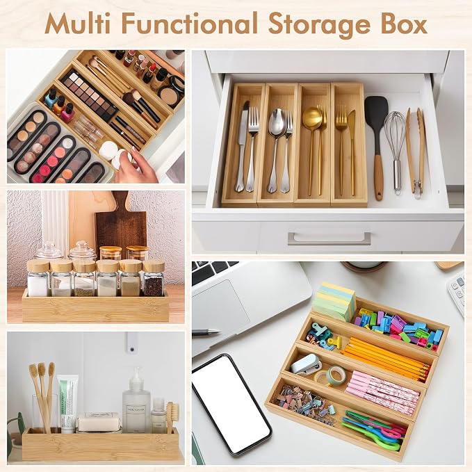 4 Pcs Bamboo Drawer Organizer Stackable Utensil Organizer for Kitchen Bamboo Storage Box Wood Silverware Tray for Drawer, Dresser, Bathroom 12" x 3" x 2"