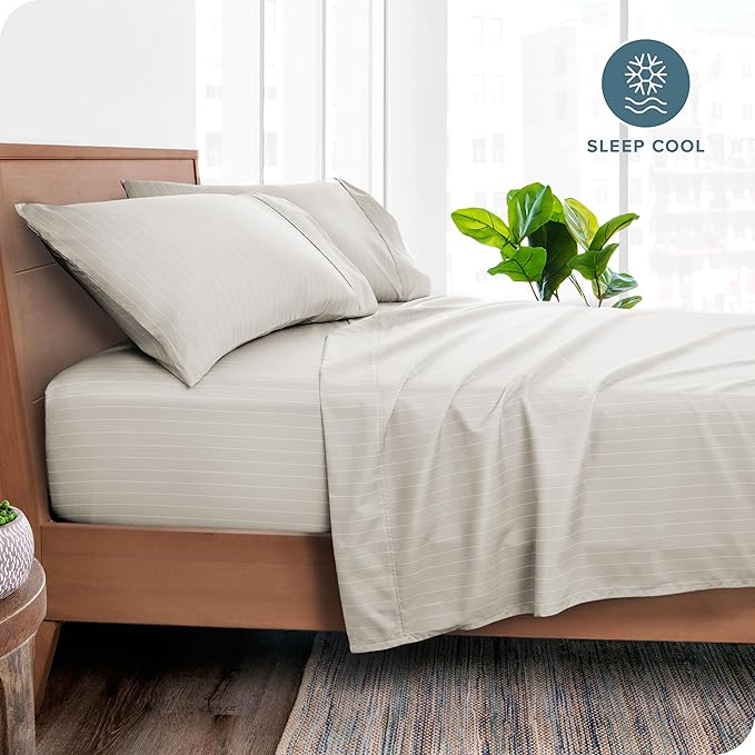 Bare Home Full Sheet Set - Luxury 1800 Ultra- Soft Double Brushed Microfiber - Deep Pockets - Easy Fit - 4 Piece Bedding Sheet Set (Full, Pinstripe - Stone/White)