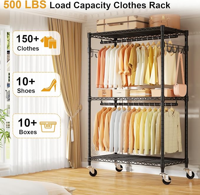 ULIFHOME P1 Rolling Clothes Rack, Portable Wardrobe Closet with Wheels, Heavy-Duty Closet Clothing Rack for Hanging Clothes, 35.5" W x 15.7" D x 80.5" H, Hold 500lbs, Black