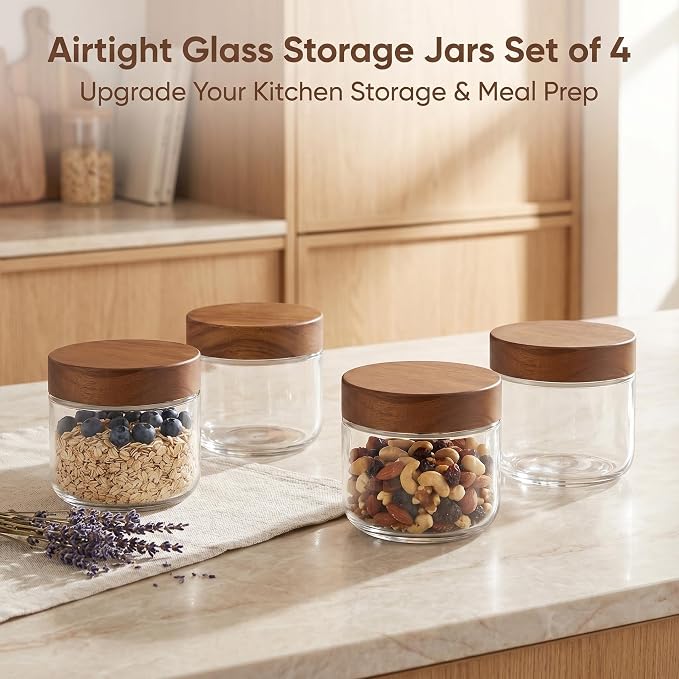Danmu 8 oz Overnight Oats Containers with Lids,Glass Jars with Lids 4 Pack | Wooden Lid,Meal Prep,Yogurt,Leftovers,Leak-proof,Dishwasher Safe(remove lids),Fridge Safe,Portable,Stackable