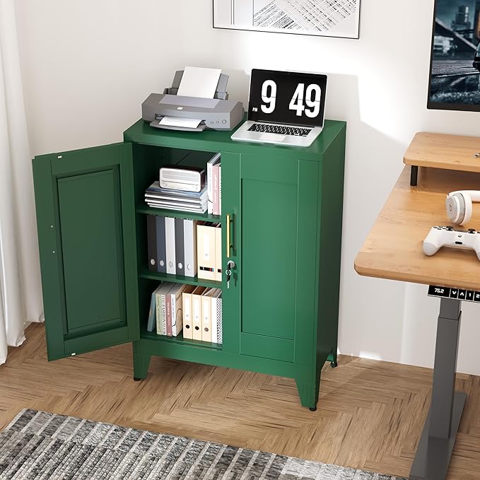 Green Metal Storage Cabinet, 36" Tall Locking Storage Cabinet with 2 Adjustable Shelves, Steel Locker Organizer, for Office, Home, School, 11.81" D x 23.62" W x 35.83" H