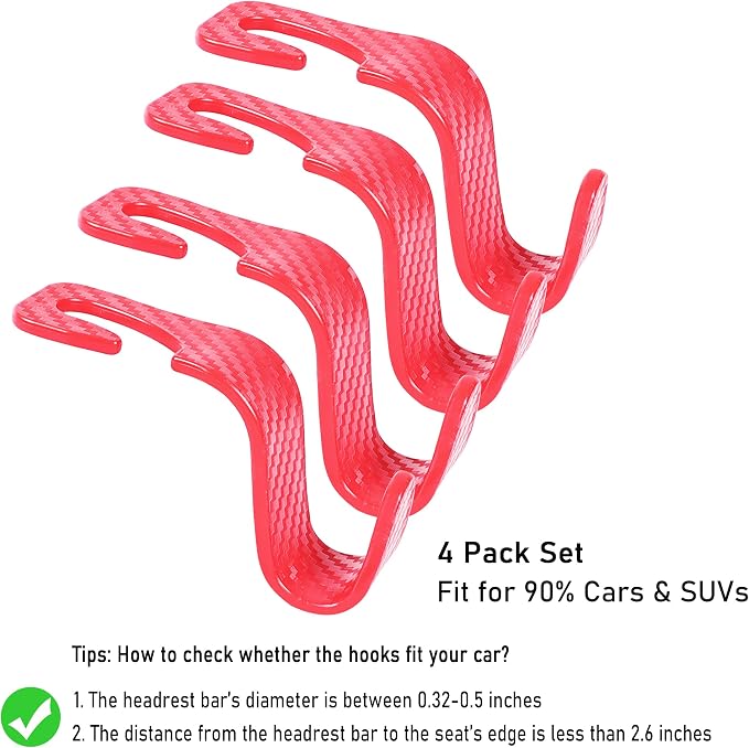 Car Seat Headrest Hook Universal Vehicle Seat Hook Hangers Interior Storage Organizer for Purse Handbag Coats Umbrellas Grocery Bags 4 Pack Red
