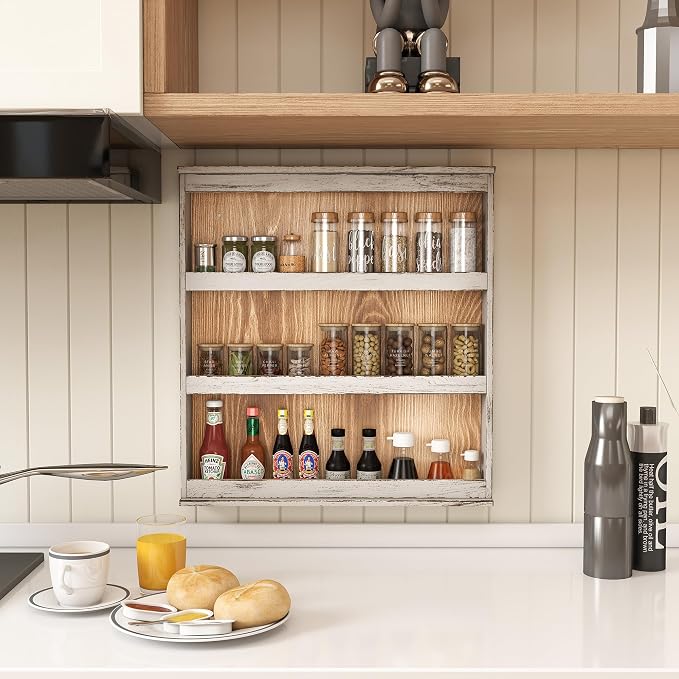 Nisorpa 3 Tier Spice Rack Wall Mount, Rustic Burnt Wood Wall Hanging Spice Rack Kitchen Spice Storage Shelf for Seasoning Jars or Condiment Bottles, 19.68 x 3.35 x 21.25 Inches