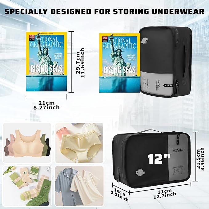 ONTYZZ Travel Vacuum Compression Bags 12 inch Space Saver Bags Vacuum Travel Case with IP67 Waterproof Zipper for Socks, Underwear, One Bag Black