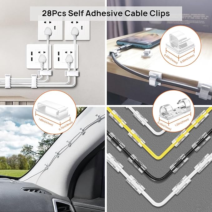 Cable Management Kit - 4 Cable Sleeve, 28 Self Adhesive Cable Clips, 29 Cord Holders, 10+2 Roll Cable Organizer Straps and 100 Fastening Cable Ties for TV Computer Under Desk (White)