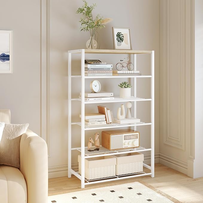 Yusong Shoe Rack Organizer, 6 Tier Industrial Shoe Storage Shelf, Narrow Sturdy Metal Shoe Shelves for Closet Entryway, White
