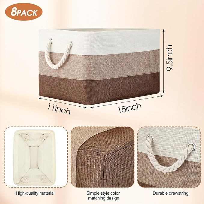 meekoo 8 Pack Collapsible Storage Bins Fabric Storage Bins Polyester Fabric Baskets with Handles Linen Closet Organizer for Shelf Home Closet Towels Toys(15 x 11 x 9.5 in,Mixed Beige)