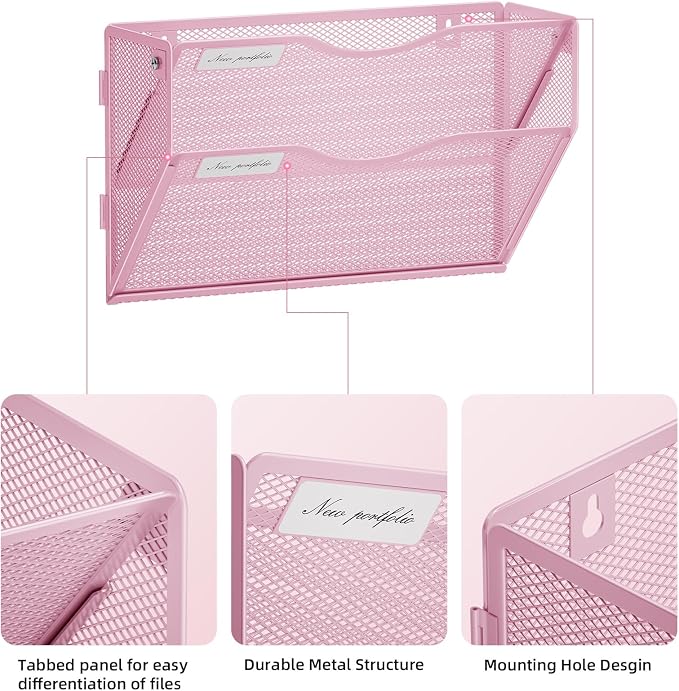 Marbrasse Wall File Holder 2-Tier Hanging Wall File Organizer, Mesh Mail Holder for Papers, Wall Mount File Clipboard & Magazine Organizer Great for Office Home (Pink)